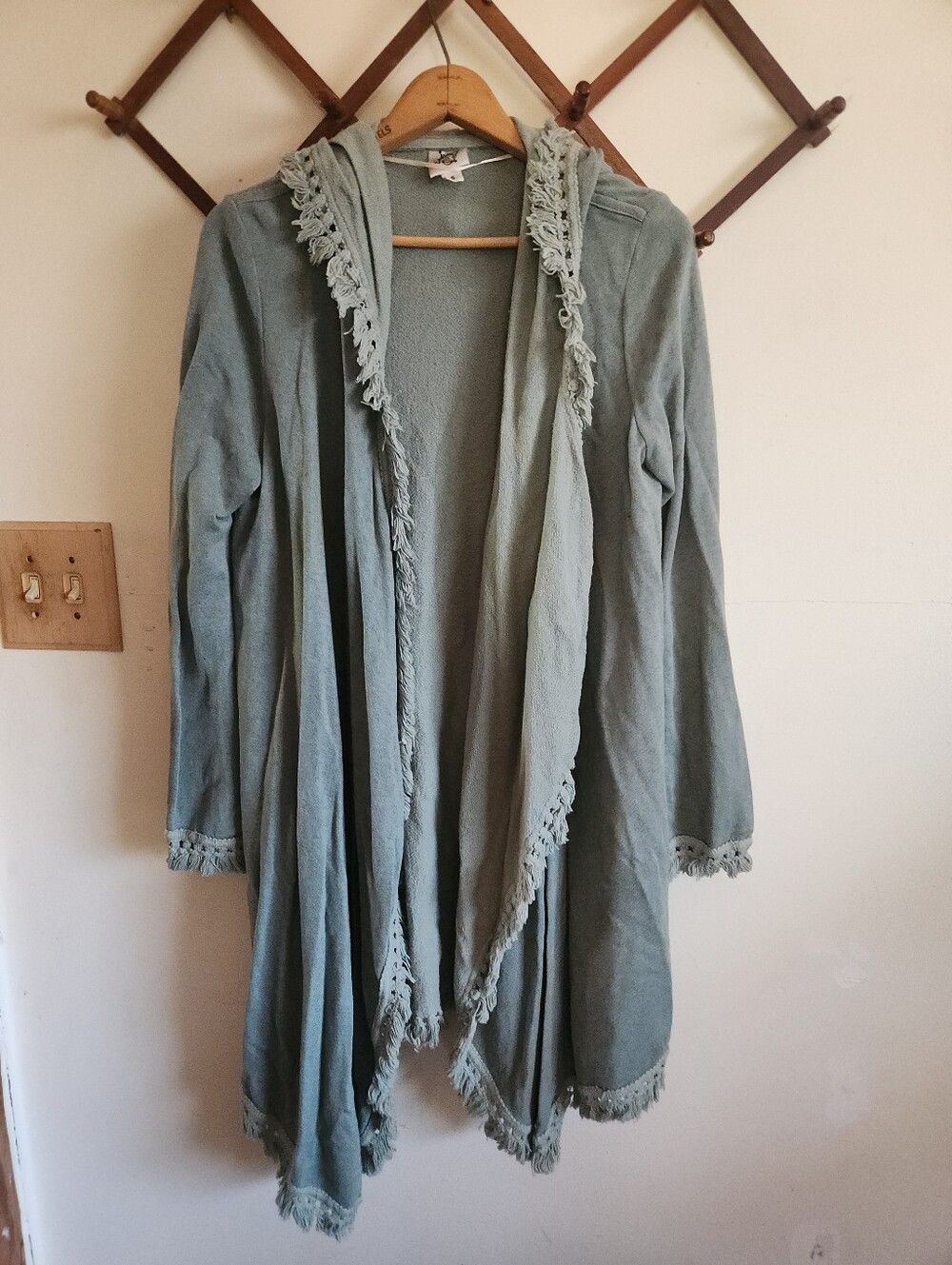 Vintage Ivy Jane Sage Fringe Open-Front Sweatshirt Cardigan Cotton Small
